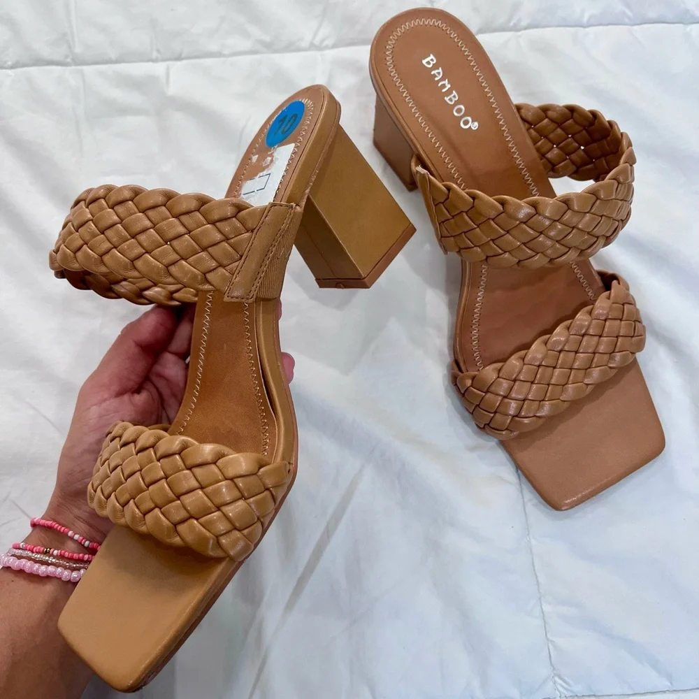 Womens Tan Braided Strappy Square Open Toe Slip On Chunky Heeled Sandals Size 10 - Picture 4 of 12